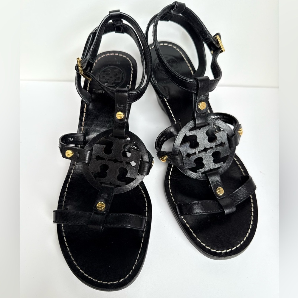 Tory Burch Black Leather Miller Logo Wedge Ankle Strap Sandals Size 7M - Picture 1 of 11